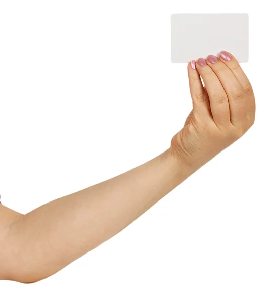 Mano femenina sosteniendo una tarjeta de visita blanca — Foto de Stock