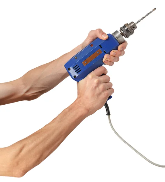 Man's hands holds a blue drill — Stock Photo, Image