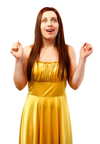 Mulher feliz em um vestido amarelo — Fotografia de Stock