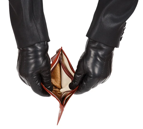 Hands in black gloves holding an open empty wallet — Stock Photo, Image