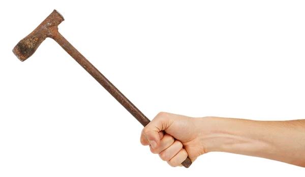 Old metal pickaxe in male hand — Stock Photo, Image