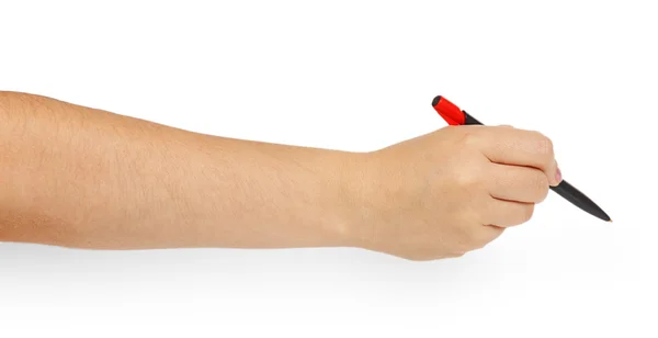 Black ball-point pen in female hand — Stock Photo, Image