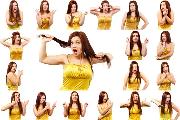 Set of pictures of pretty young woman with different gestures an — Stock Photo, Image