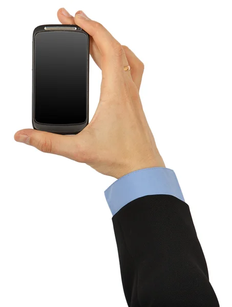 男性の手で黒の携帯電話 — ストック写真