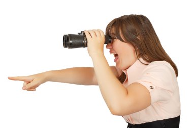 Business woman looking with her binocular and pointing to the co clipart