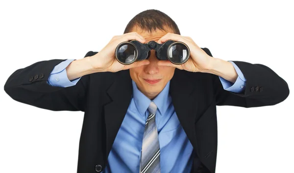 Business man wearing suit with blue tie with binoculars — Stock Photo, Image