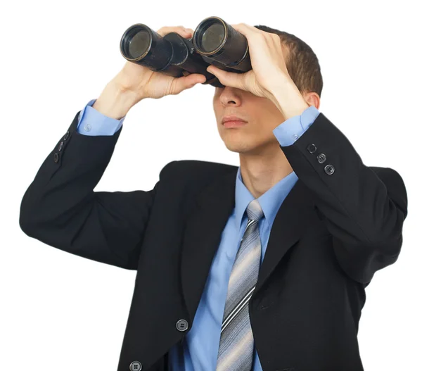 Business man wearing suit with blue tie with binoculars — Stock Photo, Image