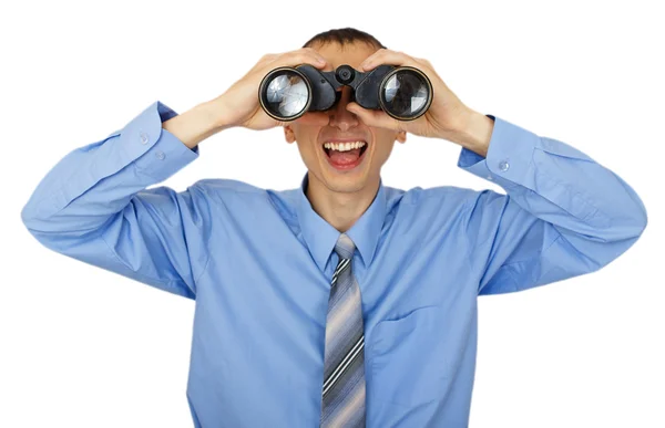 Business man with blue tie with binoculars — Stock Photo, Image