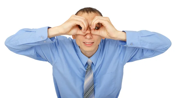 Primer plano retrato de hombre de negocios mirando a la cámara con binocular — Foto de Stock