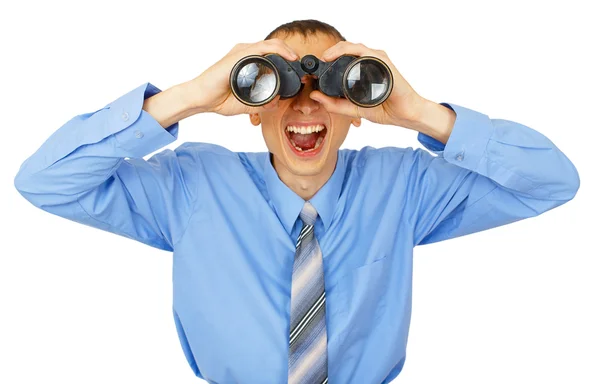 Shocked business man with blue tie with binoculars — Stock Photo, Image