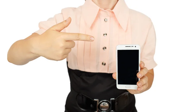 Jovem mulher de negócios mostrando com tela preta do telefone móvel — Fotografia de Stock