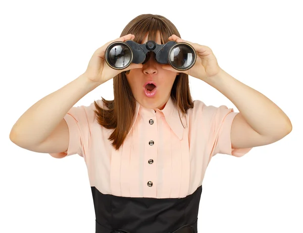 Šokovaný obchodní žena s dalekohledem — Stock fotografie