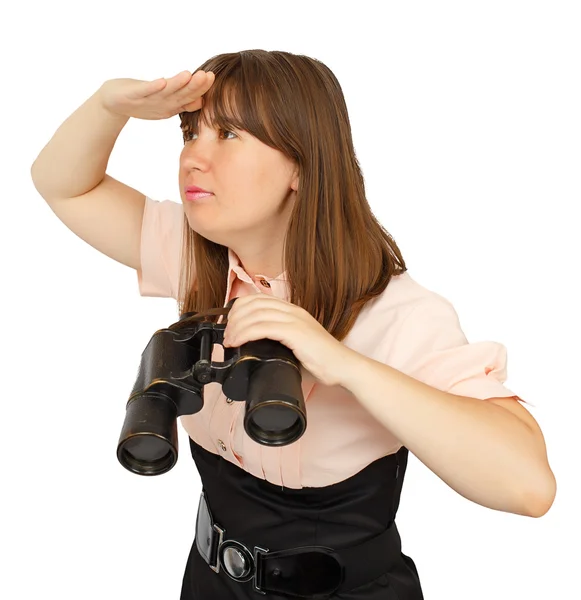 Business woman with binoculars looking into the distance — Stock Photo, Image