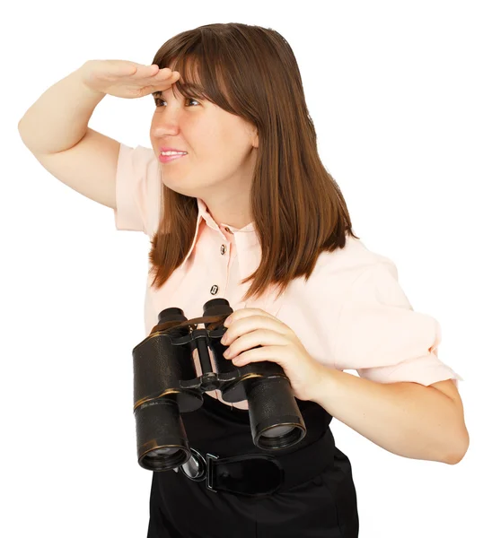 Business woman with binoculars looking into the distance — Stock Photo, Image