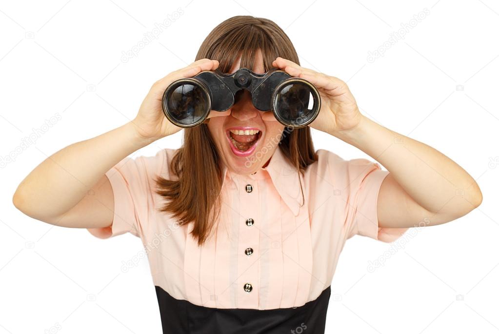 Business woman with binoculars cry