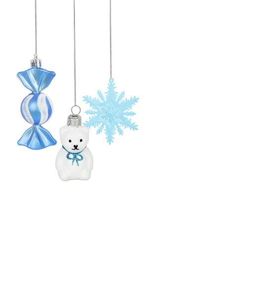 Bright Christmas tree toy blue candy, snowflake, teddy bear — Stock Photo, Image