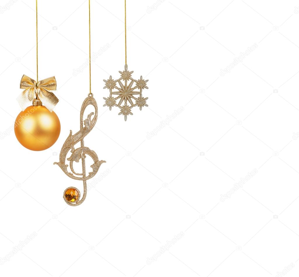Golden treble clef, snowflake and Christmas ball