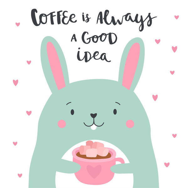 Cute illustration rabbit with cup of coffee