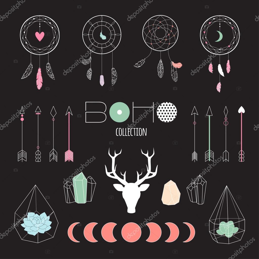 Set boho ethnic elements for design wedding card, invitation, poster. Isolated illustrations with succulent terrarium, dream catchers, feathers, crystals, arrows, moon phases, deer head with antlers