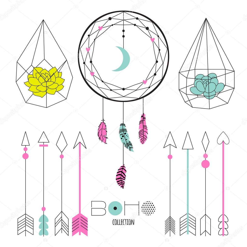 Set boho ethnic elements for design wedding card, invitation, poster. Isolated illustrations with succulent terrarium, dream catchers, feathers, arrows.