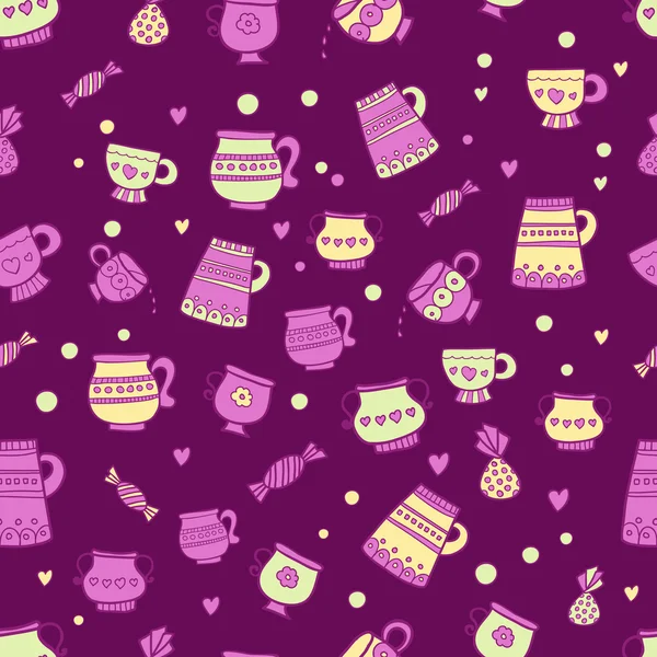 Muster mit Tassen, Süßigkeiten, Pralinen auf lila Hintergrund mit Herzen für Gewebe oder verschiedene Oberflächen — Stockfoto