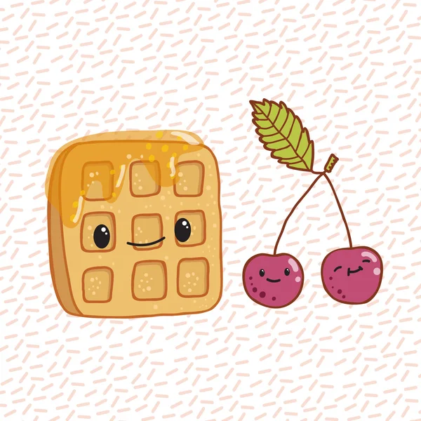 Waffles e cerejas de doodle — Vetor de Stock