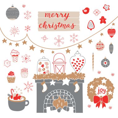 Cute set for decoration gifts, scrapbook, decorations for Christmas and New Year party.