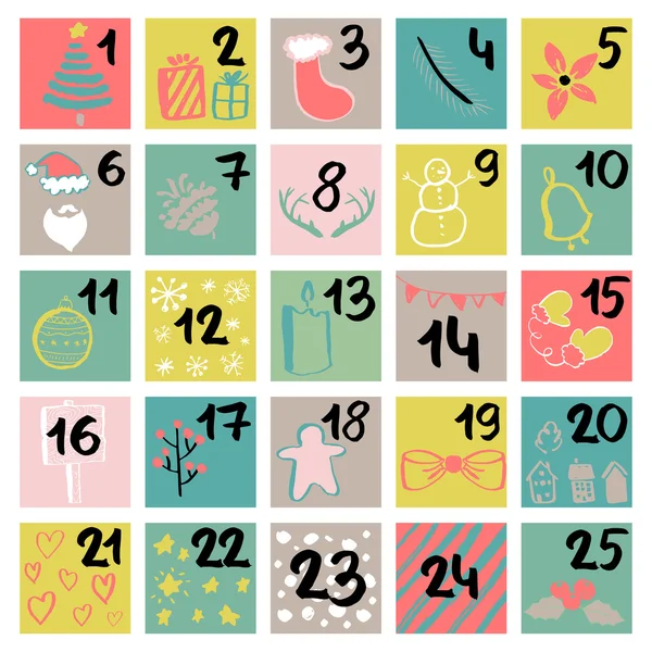 Painted in ink Advent calendar. Beautiful and charming illustrat — 스톡 벡터