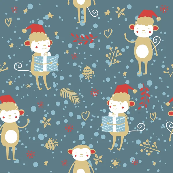 Vector Christmas pattern. Cute illustration of funny monkey. — 图库矢量图片