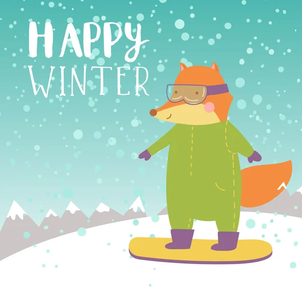 Fox in the mountains snowboarding in overalls and goggles. — Stock Vector