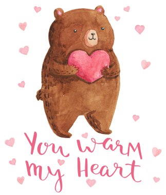 Watercolor illustration bear with heart. Bright design for kid party. You warm my heart - handmade calligraphy.