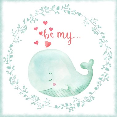 Watercolor illustration whale with heart. Bright design for kid party. Be my - handmade calligraphy.