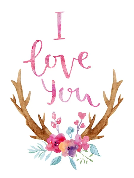 Aquarellkarte mit Illustration Hörner, Blumen und Handschrift singen ich liebe dich. — Stockfoto