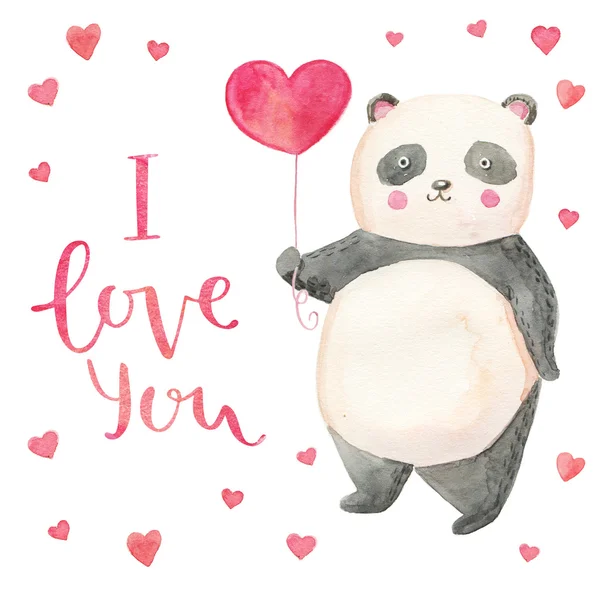 Cute illustration panda with hearts card for valentine's day. Hand drawn lettering I love you