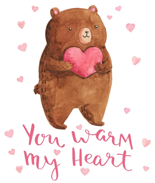 Watercolor illustration bear with heart. Bright design for kid party. You warm my heart - handmade calligraphy. — ストック写真