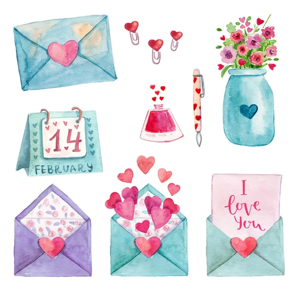 Cute watercolor  romantic illustration set of design elements for Valentine's Day, Wedding day, scrapbook — Stock Photo, Image