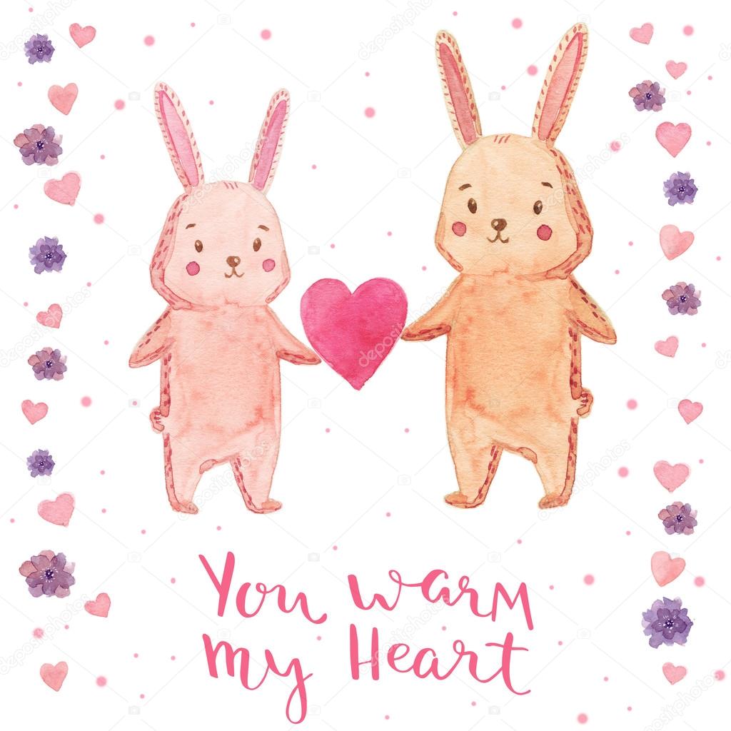 Watercolor illustration rabbit with heart. Bright design for kid party. You warm my heart - handmade calligraphy.