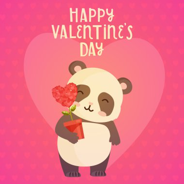 Bitki ile panda illüstrasyon ile sevgililer günü için sevimli tebrik kartı. 