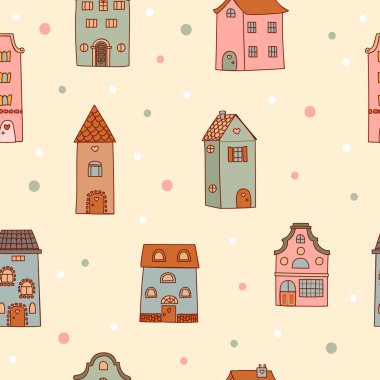 Pattern of the bright, hand drawn illustration of houses.