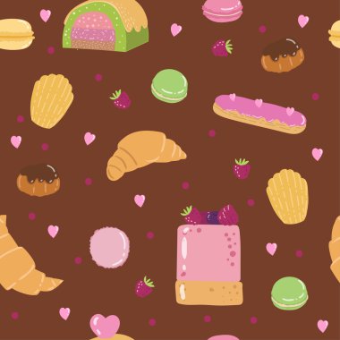 Vector illustration of a pattern of desserts in Paris eclairs, cakes, macaroons, profiterole, croissant, madeleines,