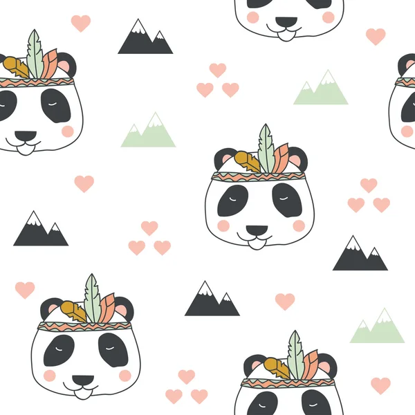 Magnifique motif indien sans couture d'ours panda avec des plumes en vecteur. Fond de dessin animé mignon dans des couleurs vives — Image vectorielle