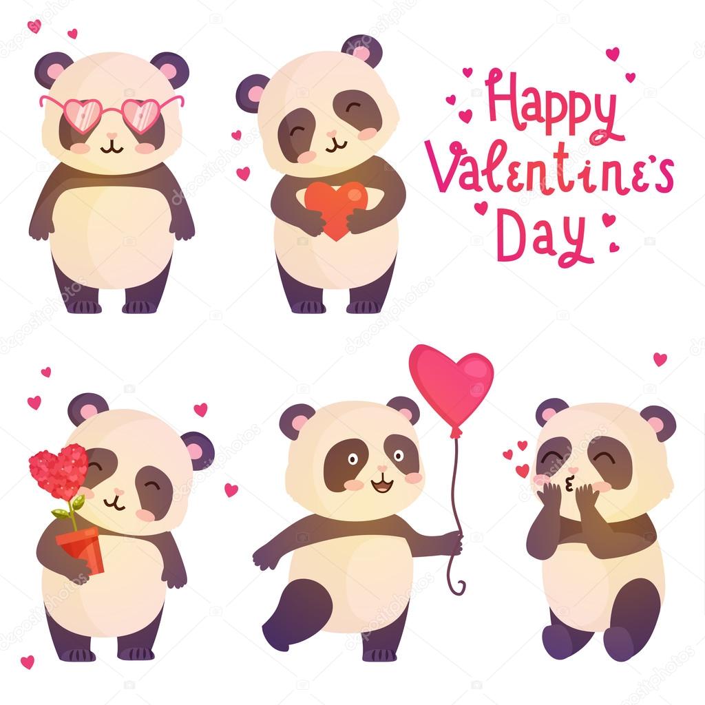Cute pandas illustration for design greeting card for valentine's day. 