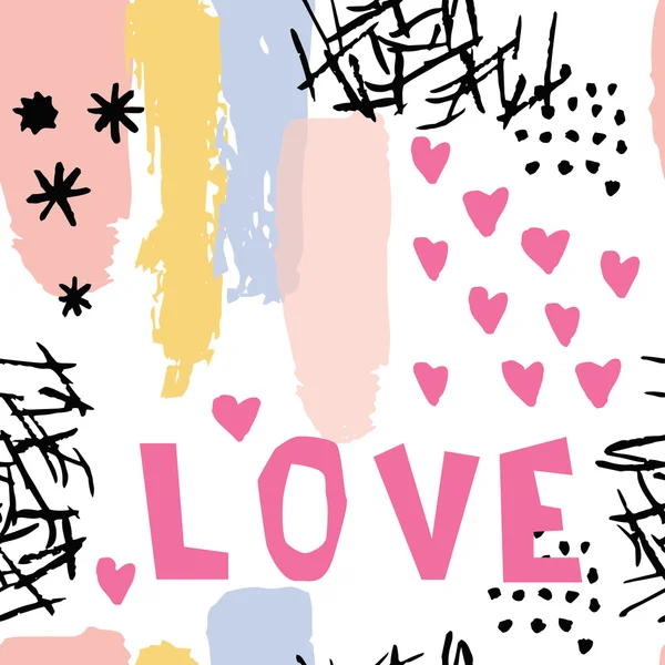 Memphis スタイルで抽象的なパターン。愛と心をレタリング インク テクスチャとレトロなデザイン スタイル. — ストックベクタ