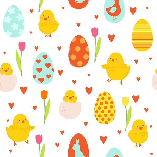 Счастливый пасхальный узор с милыми цыплятами и яйцами . — стоковый вектор