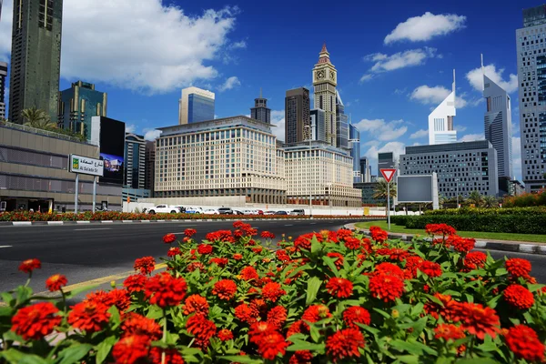 Dubai World Trade center no fundo do canteiro de flores — Fotografia de Stock