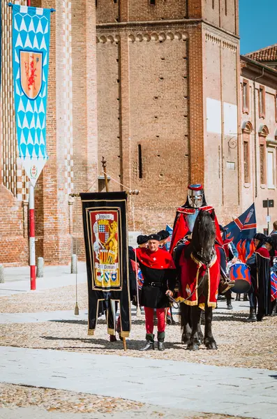 Knight on black horse — Stock Photo, Image