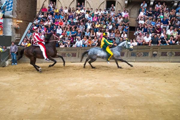 Siena Palio, hästar springa på direkt Stockbild