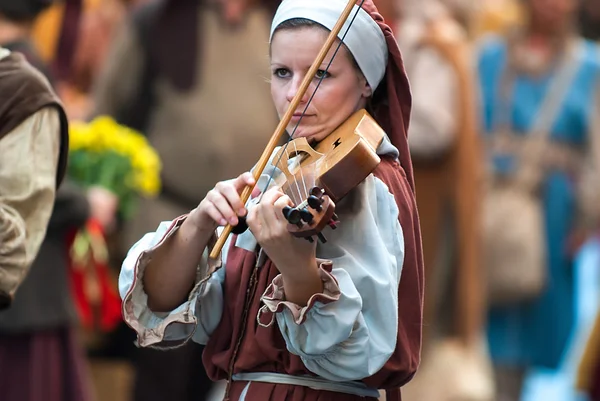 Young woman of the Middle Ages plays a musical instrument simila — Stock Photo, Image