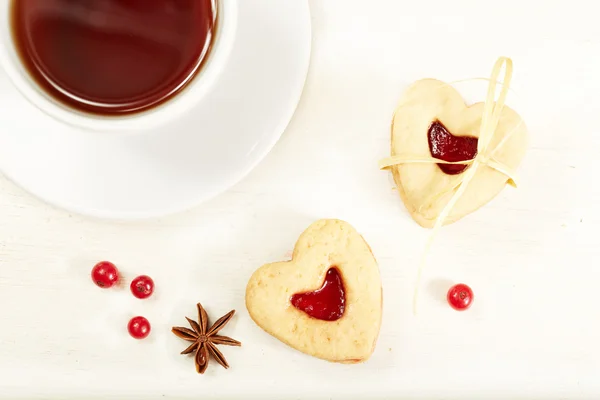 Heart shaped cookies and cup of tea — Stock Photo, Image