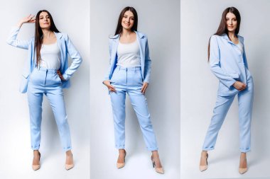 Düz kesimli esmer saçlı, resmi mavi takım elbiseli ve bej topuklu ayakkabılı bir iş kadınını....